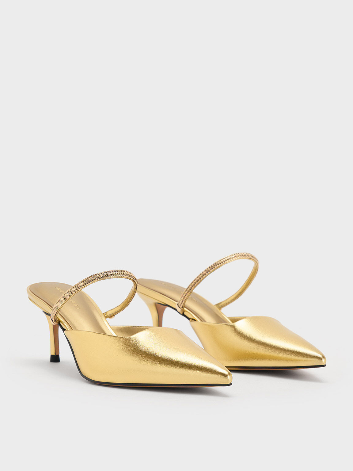 Metallic Braided Strappy Heeled Mules, Gold, hi-res