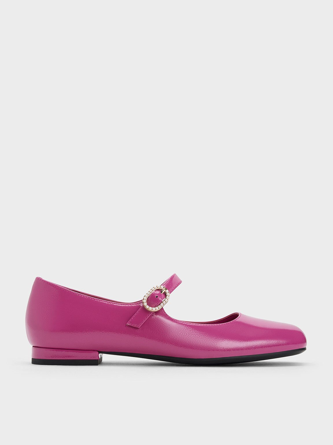 Patent Crinkle-Effect Pearl-Buckle Mary Janes, Fuchsia, hi-res