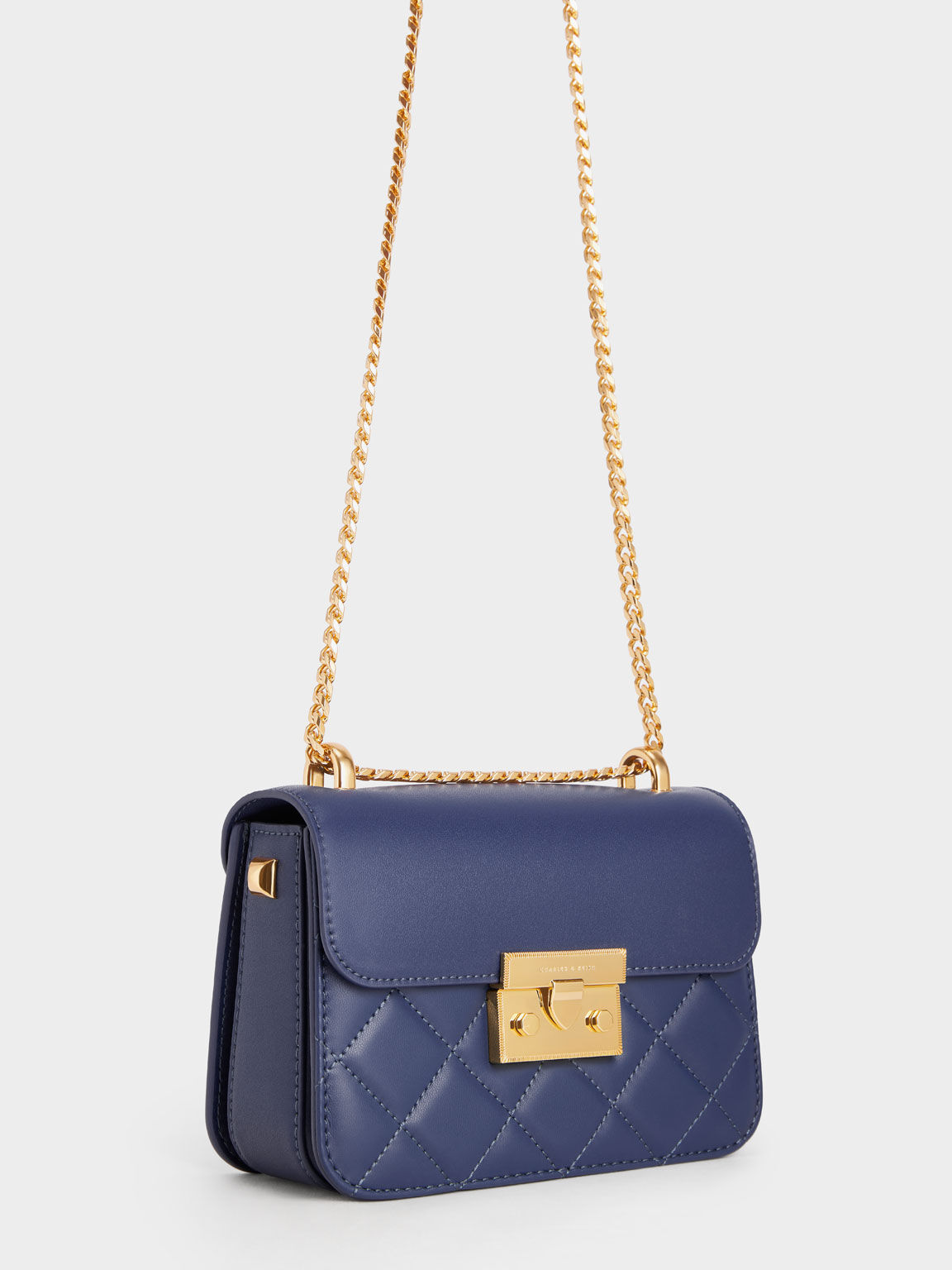 Metallic Push-Lock Chain Bag - Navy