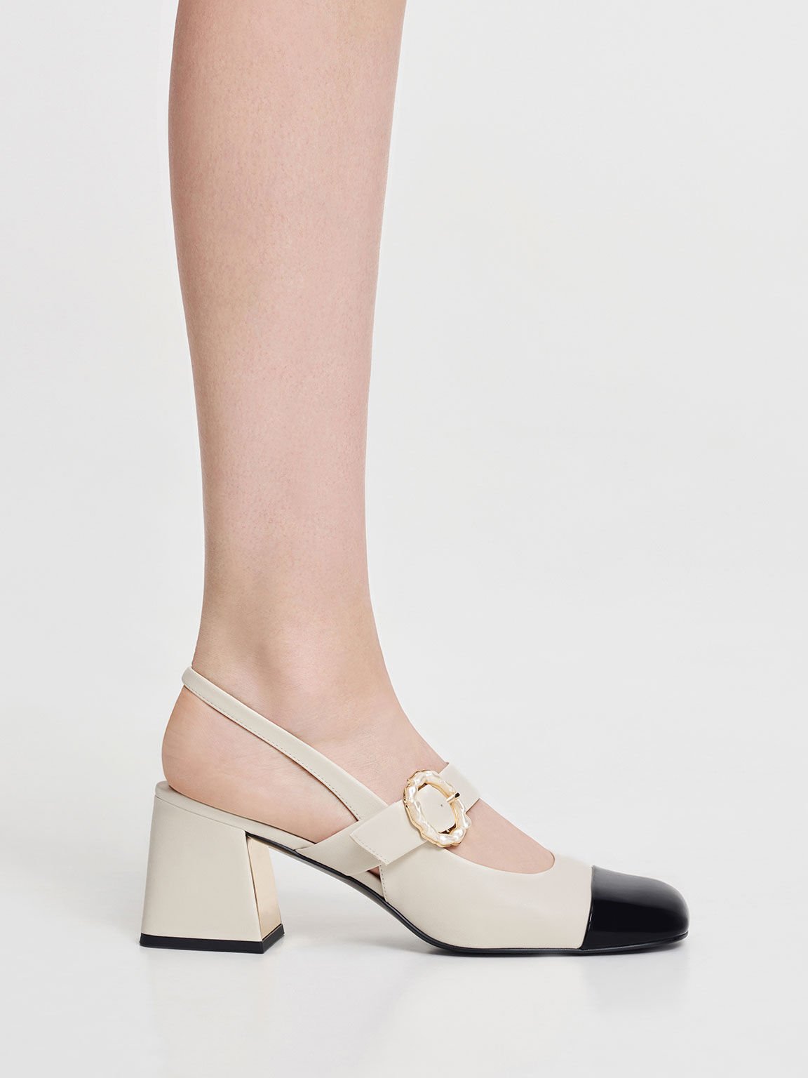 Patent Two-Tone Pearl Buckle Slingback Pumps, Multi, hi-res