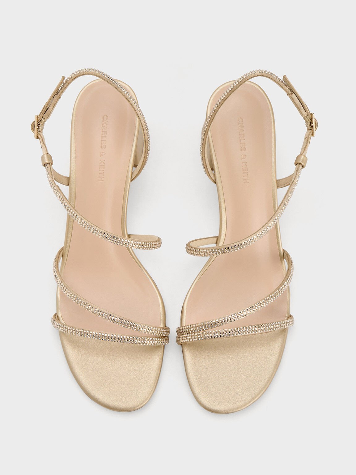 Satin Crystal-Embellished Block-Heel Strappy Sandals, Gold, hi-res