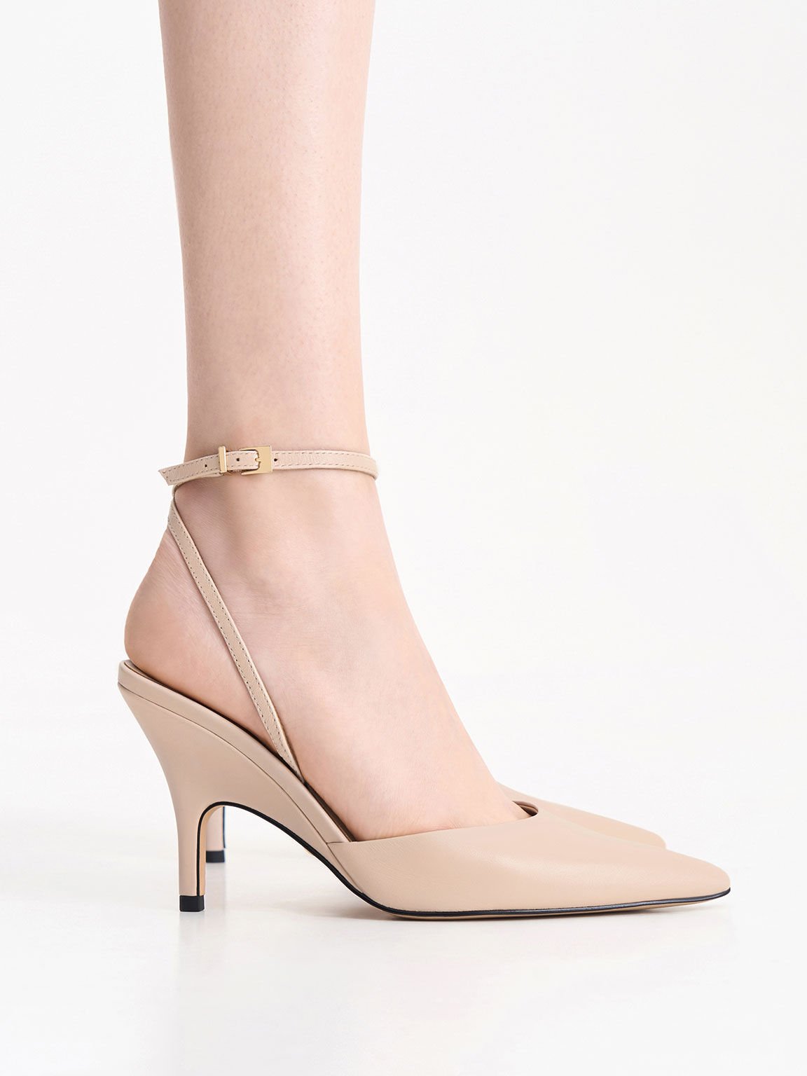 Leather Ankle Strap Pumps, Nude, hi-res