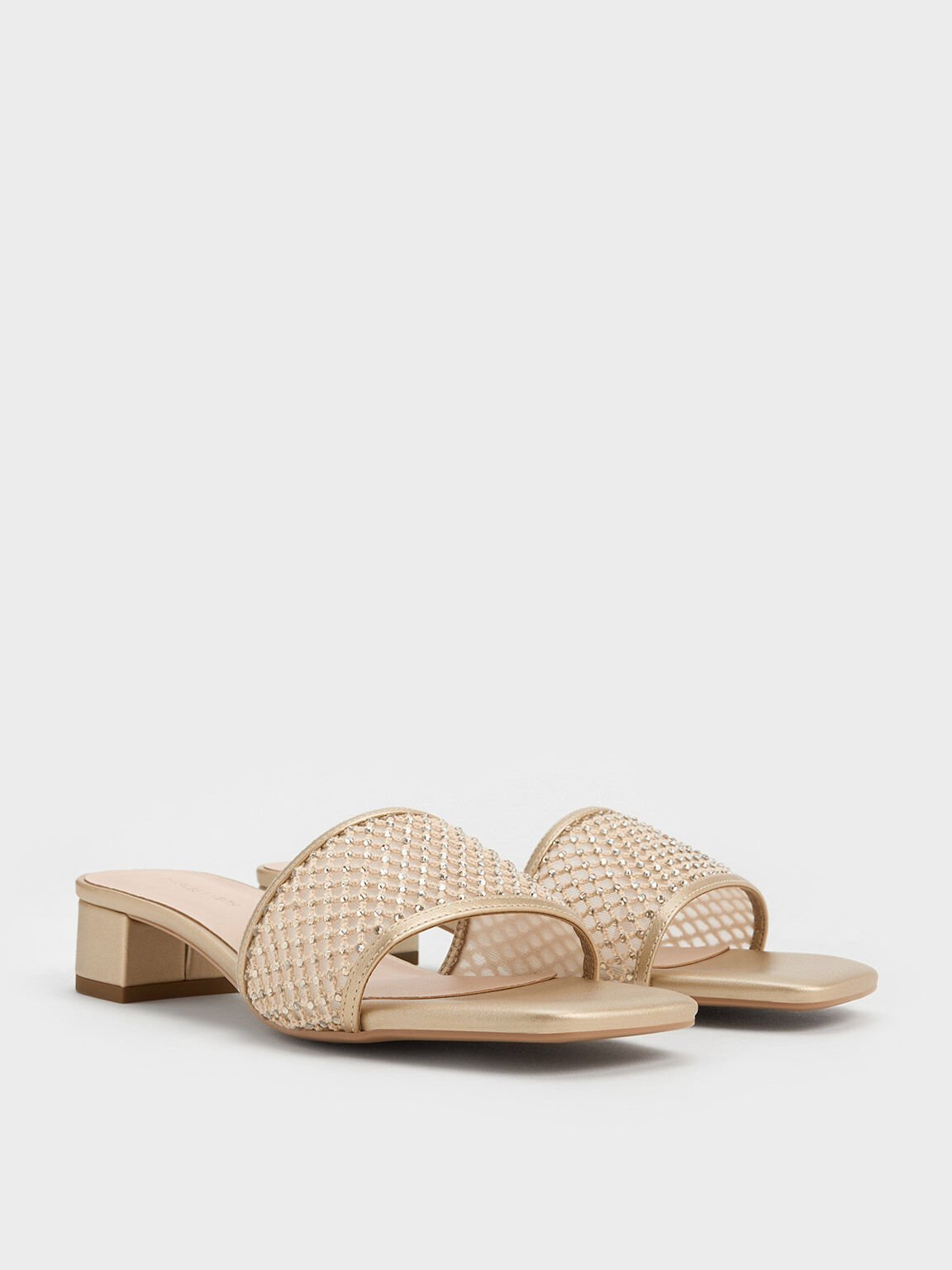 Mesh Crystal-Embellished Heeled Mules, Gold, hi-res