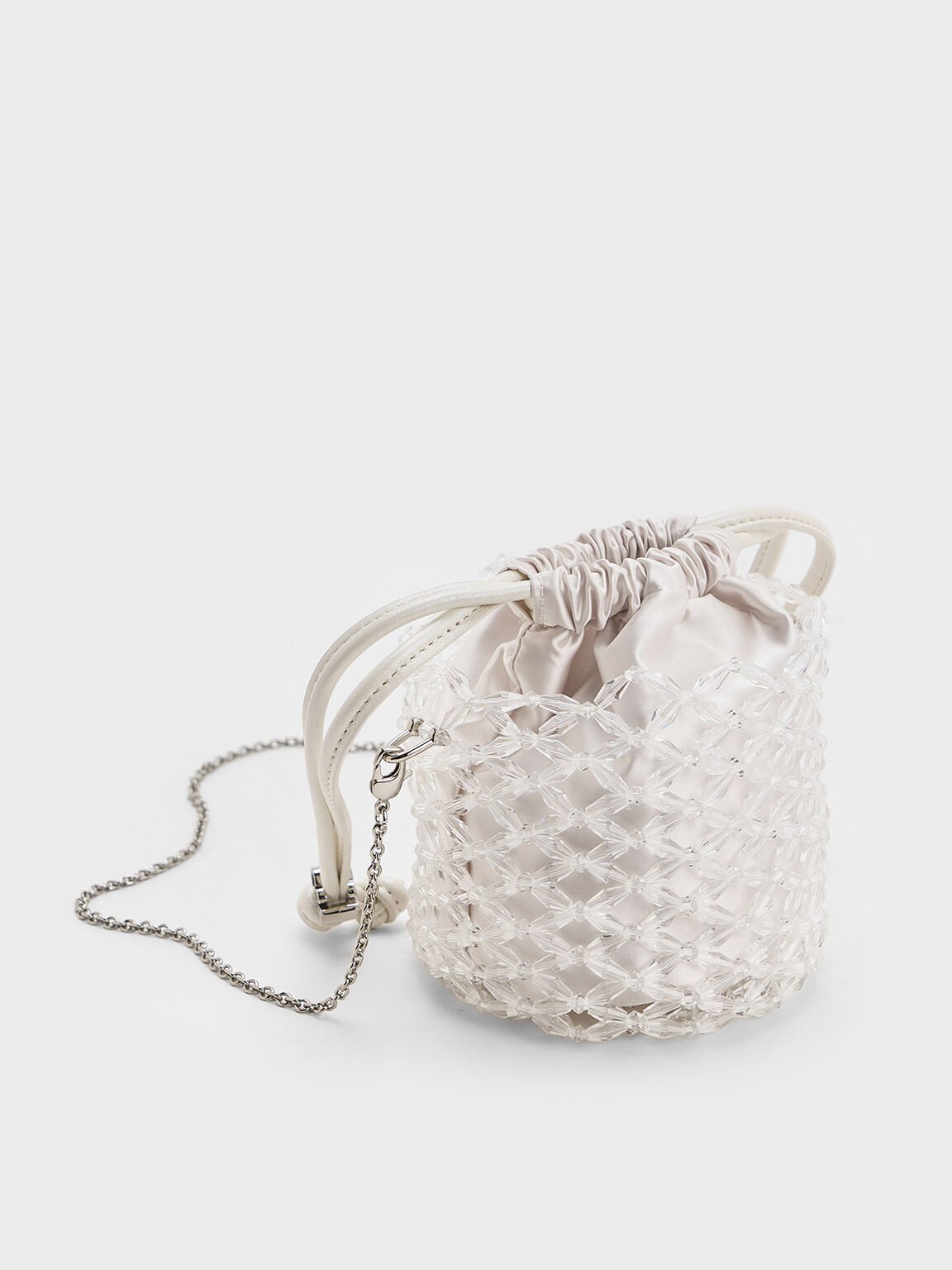 Beaded Chain-Handle Bucket Bag, White, hi-res