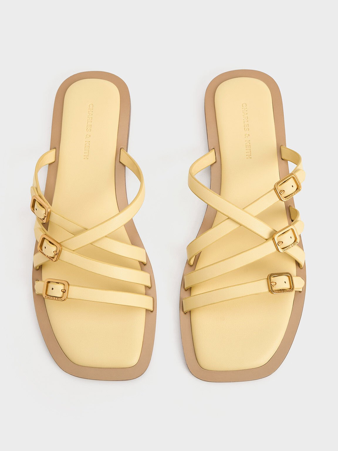 Strappy Buckled Slide Sandals, Yellow, hi-res