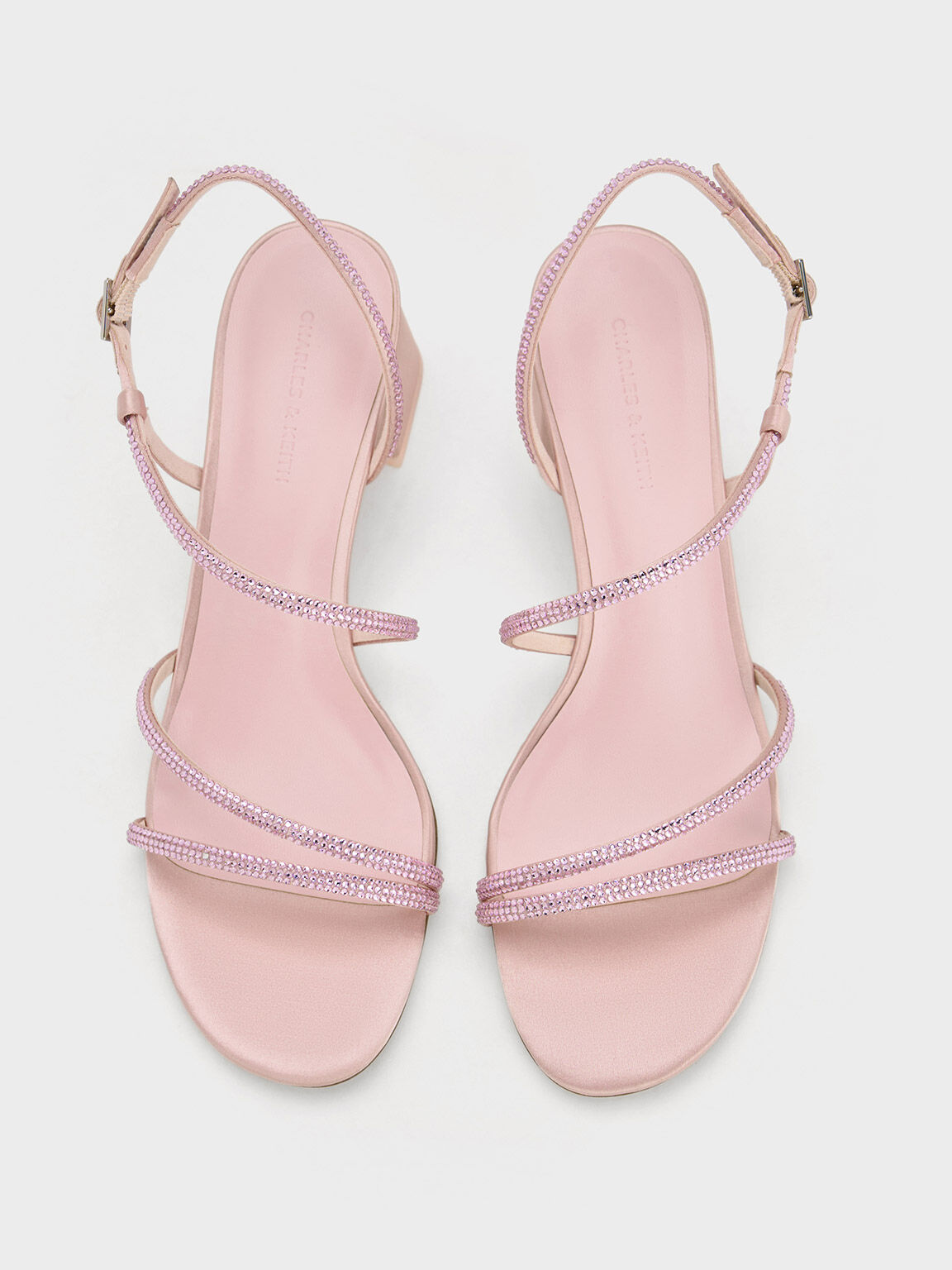 Satin Crystal-Embellished Block-Heel Strappy Sandals, Light Pink, hi-res