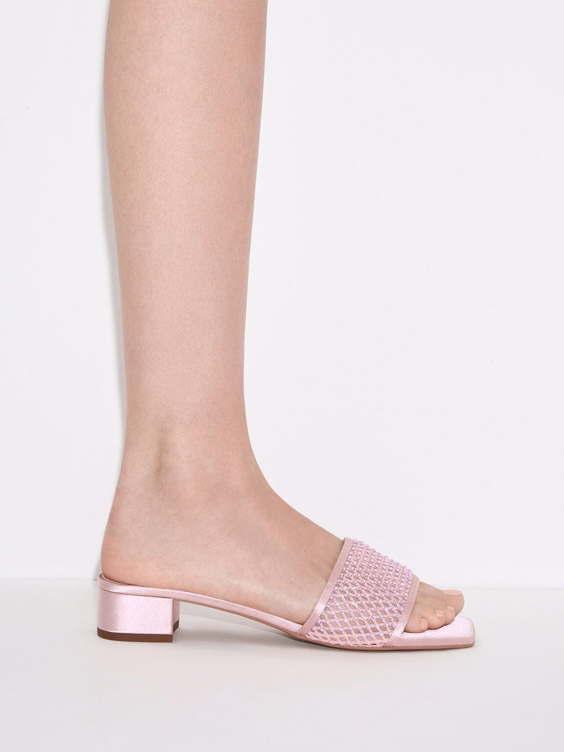 Mesh Crystal-Embellished Heeled Mules, Light Pink, hi-res