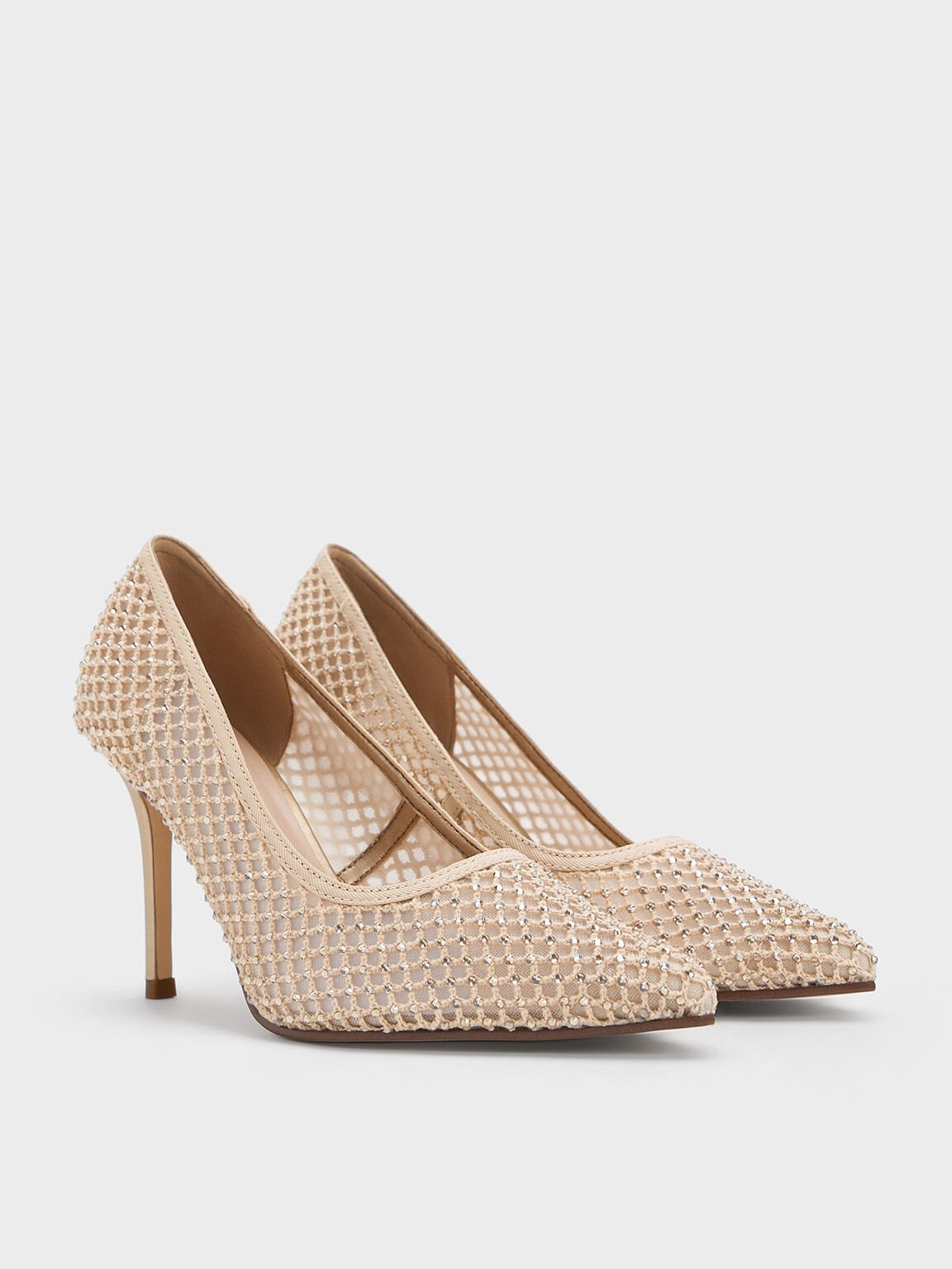 Mesh Crystal-Embellished Stiletto Pumps, Gold, hi-res