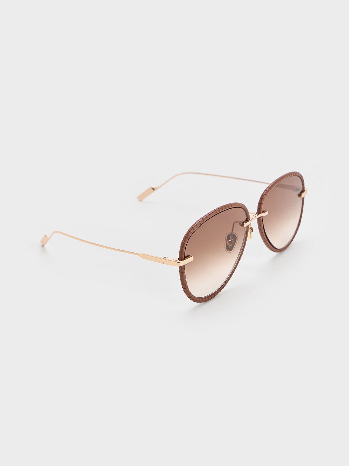 Leather Braided-Rim Aviator Sunglasses, Chocolate, hi-res