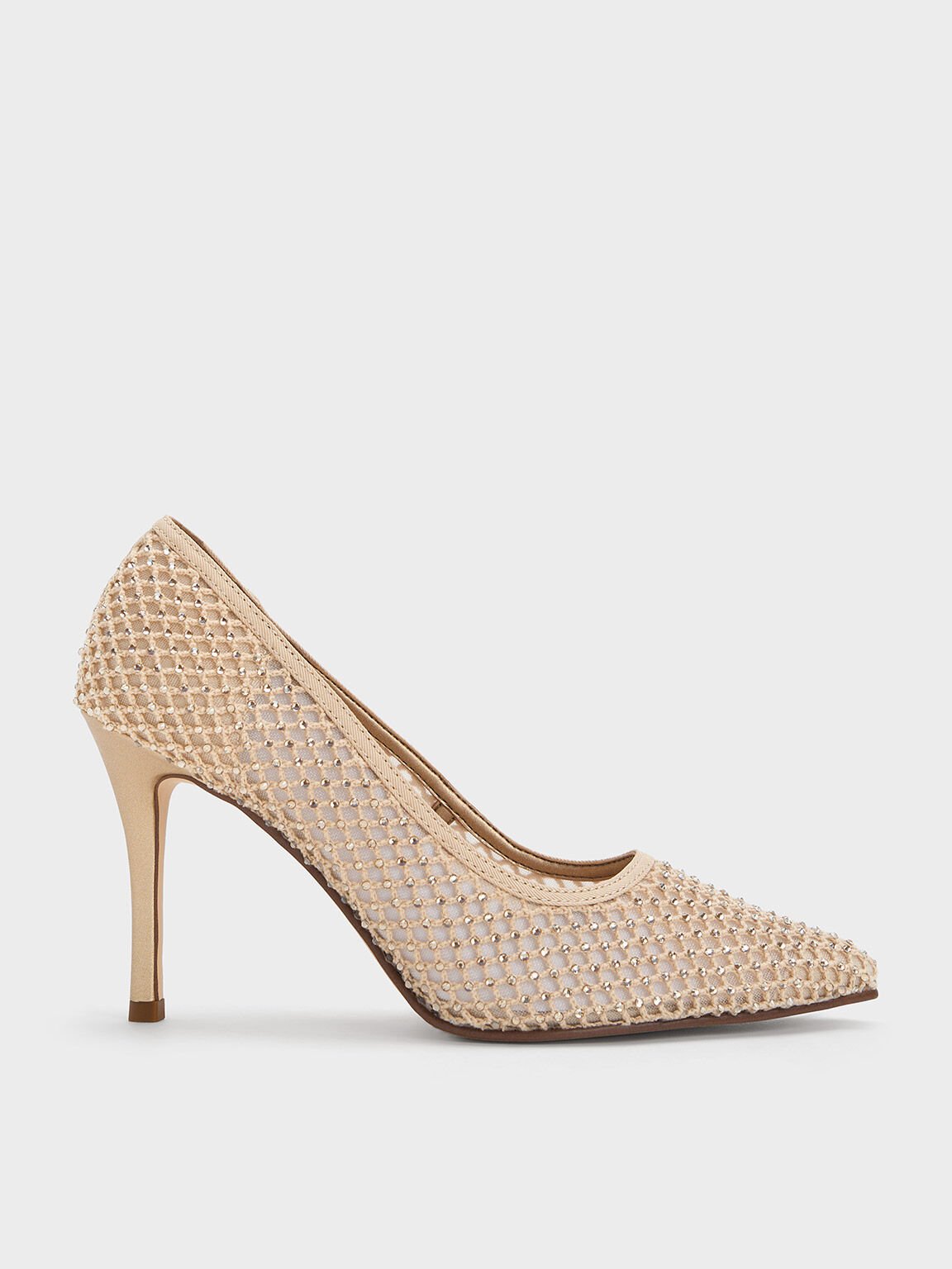 Mesh Crystal-Embellished Stiletto Pumps, Gold, hi-res