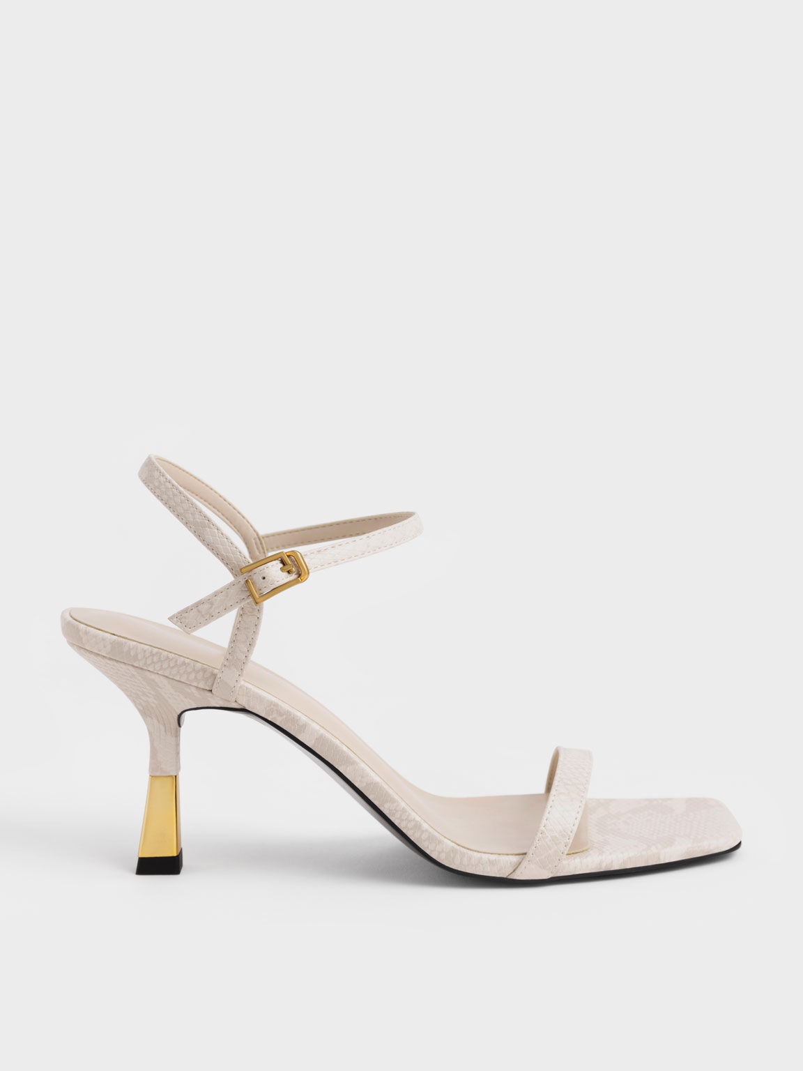 White Snake-Print Ankle-Strap Heeled Sandals - CHARLES & KEITH IN