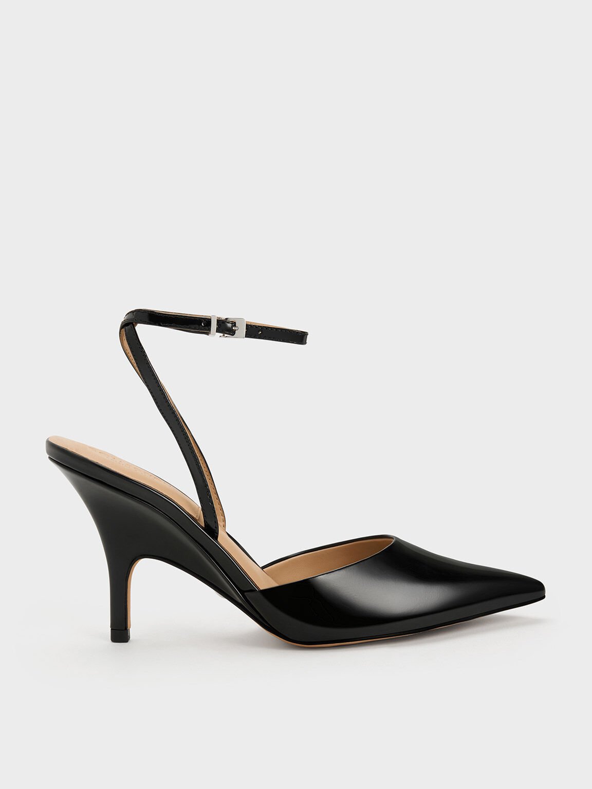 Patent Leather Ankle Strap Pumps, Black, hi-res