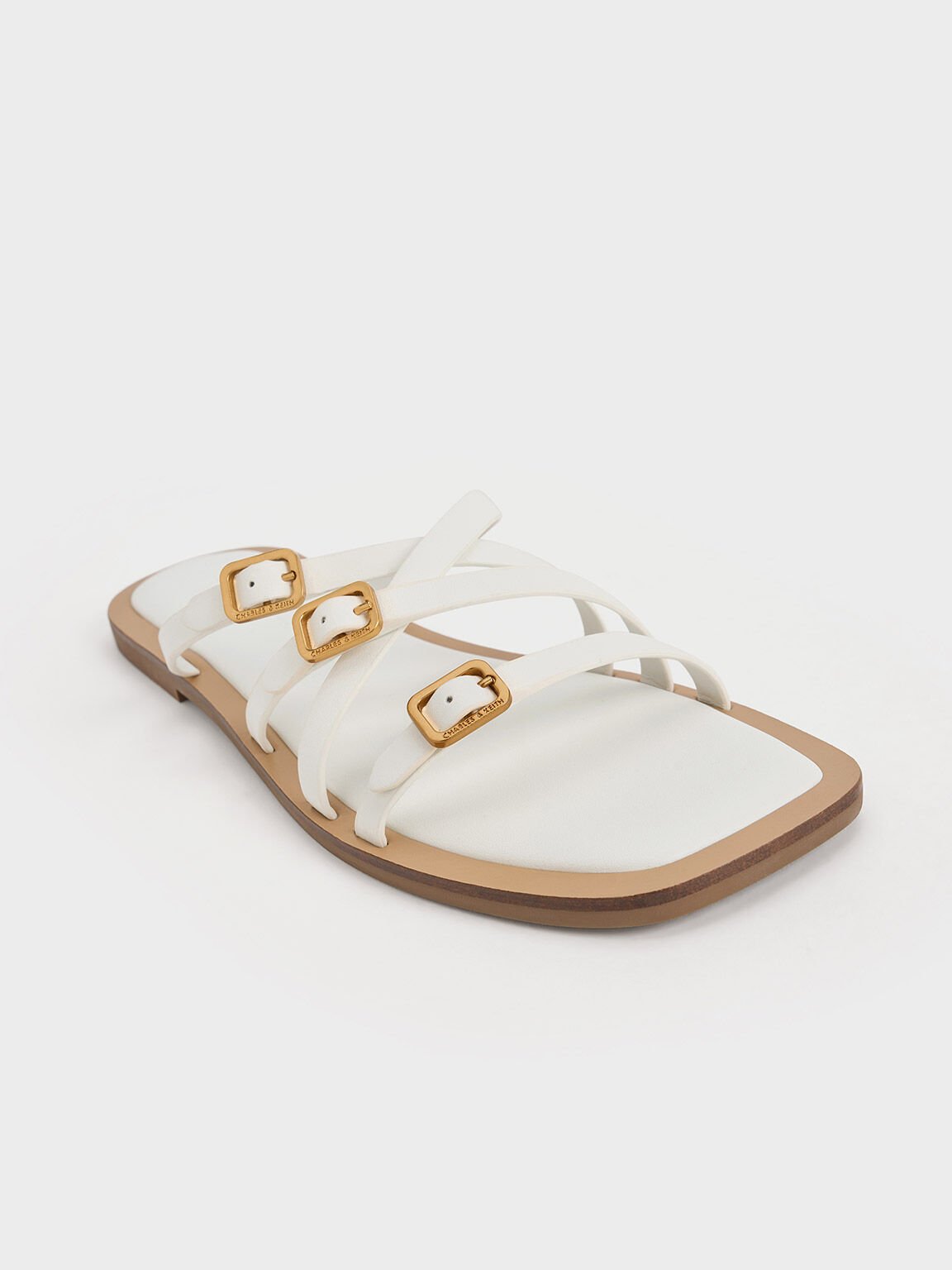 Strappy Buckled Slide Sandals, White, hi-res