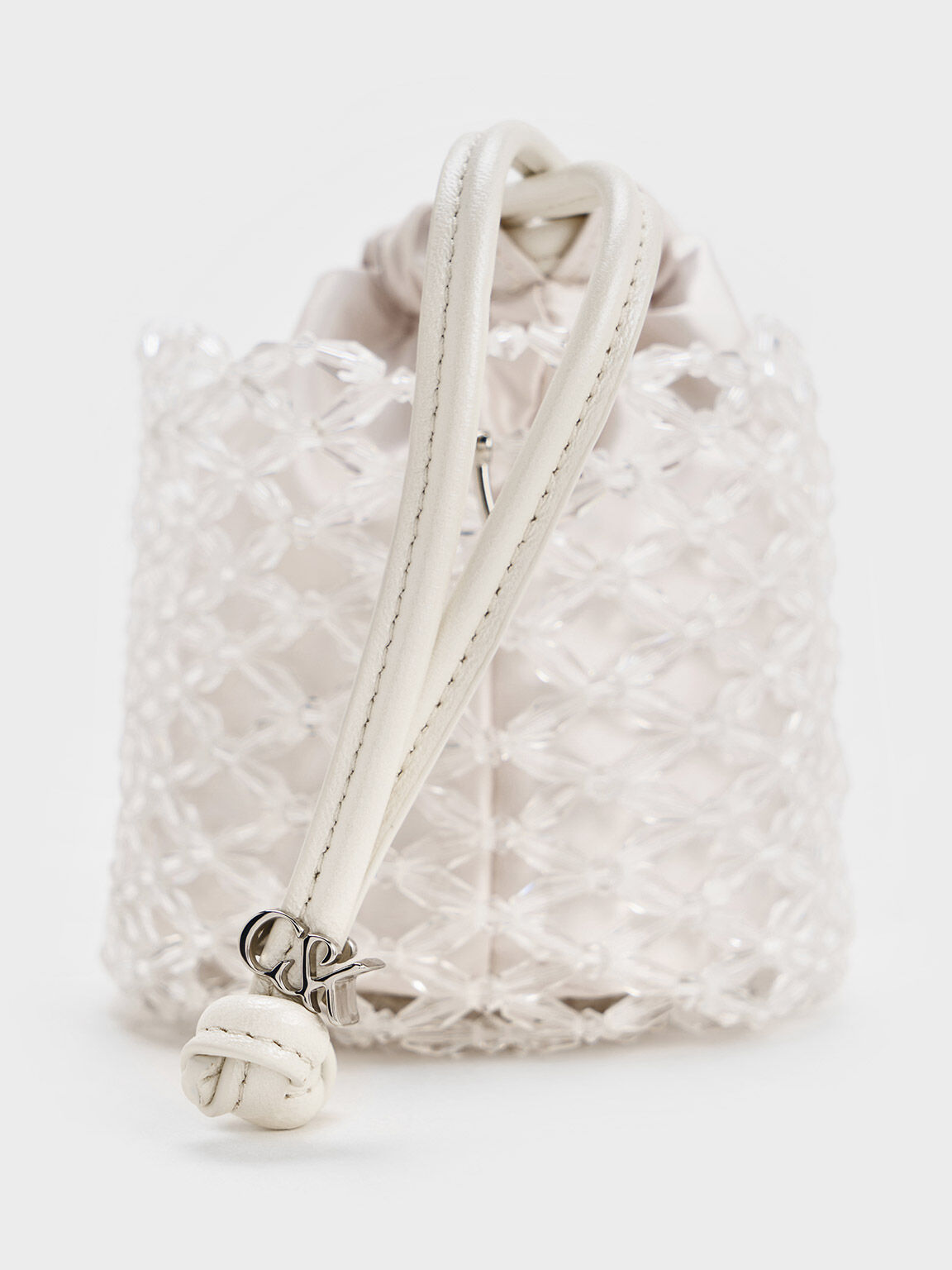 Beaded Chain-Handle Bucket Bag, White, hi-res