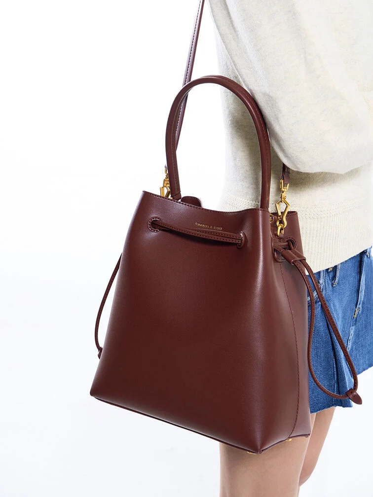 Drawstring Hobo Bag - Burgundy - CHARLES & KEITH 