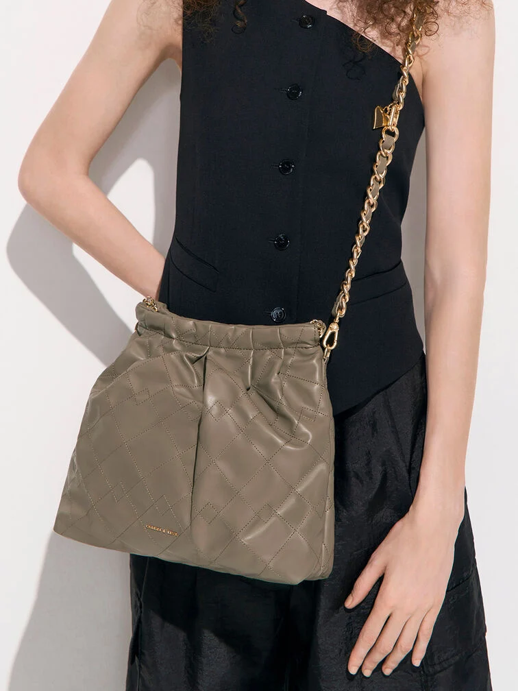 Duo Double Chain Hobo Bag - Taupe - CHARLES & KEITH 