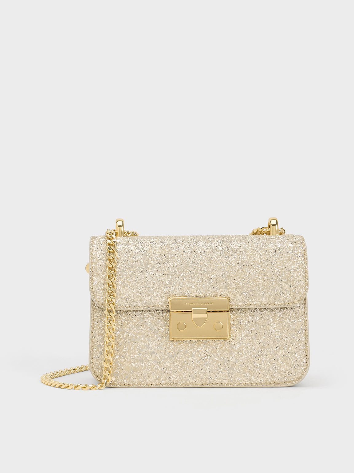 Ivory Glittered Push-Lock Chain-Handle Bag - CHARLES & KEITH IN