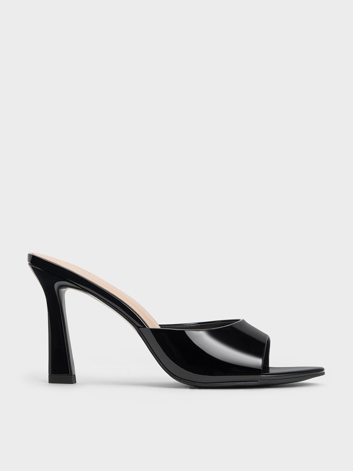 Black Patent Open-Toe Heeled Mules - CHARLES & KEITH IN