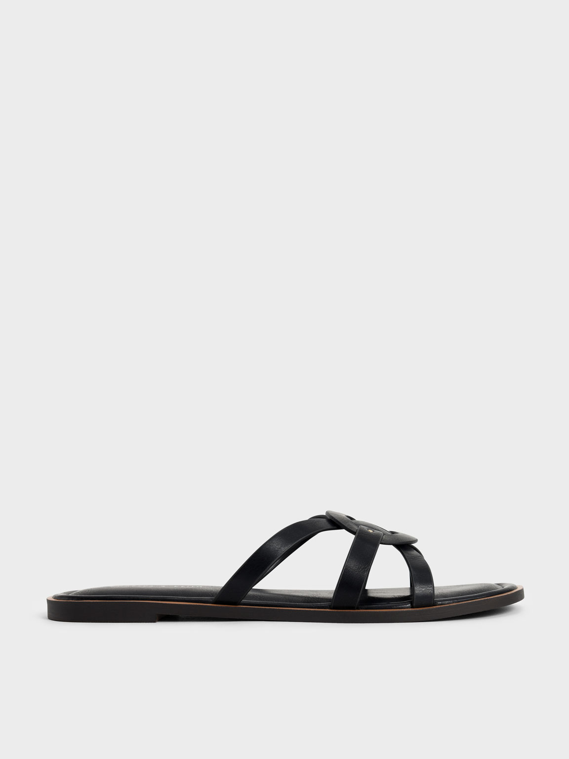 Black Ring Detail Strappy Flats - CHARLES & KEITH IN