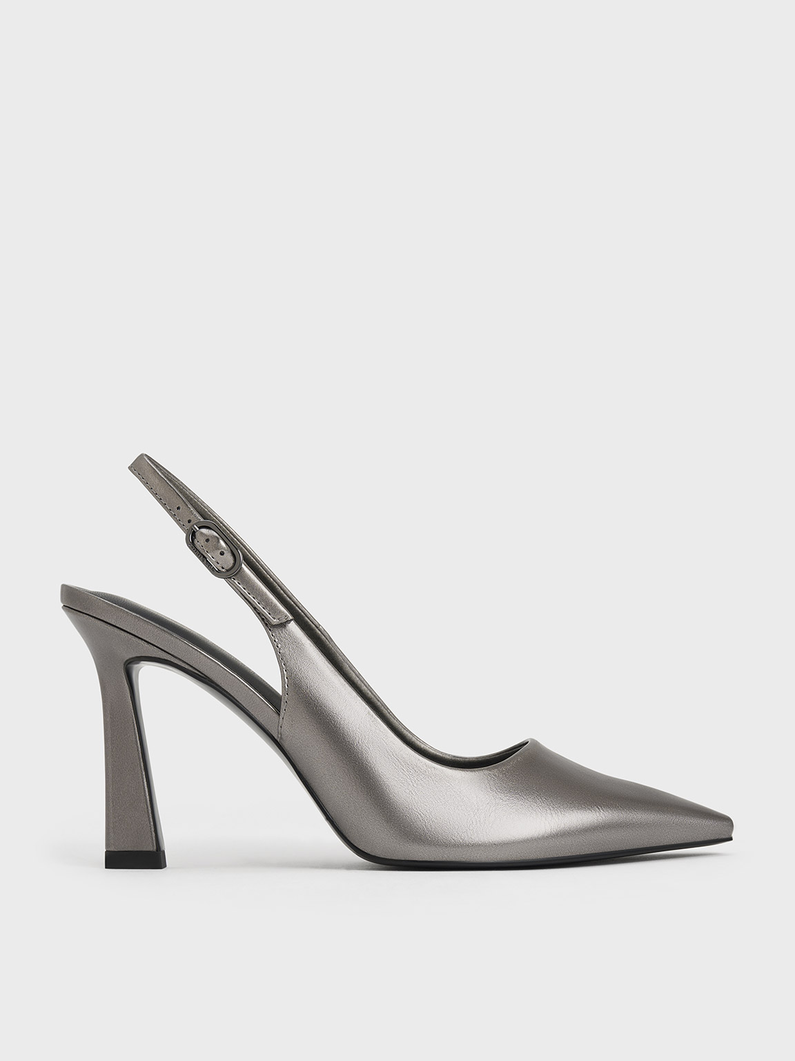 Pewter Metallic Trapeze Heel Slingback Pumps - CHARLES & KEITH IN