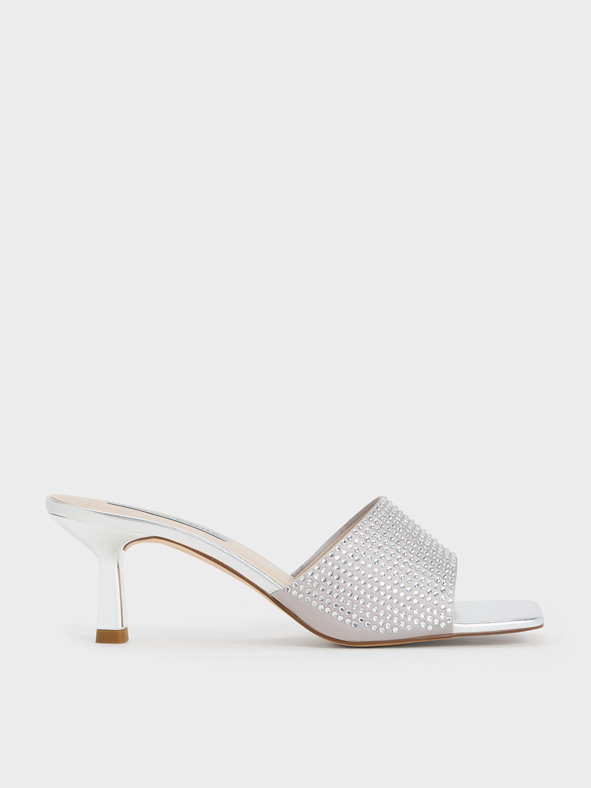 Silver Satin Crystal-Embellished Heeled Mules | CHARLES & KEITH