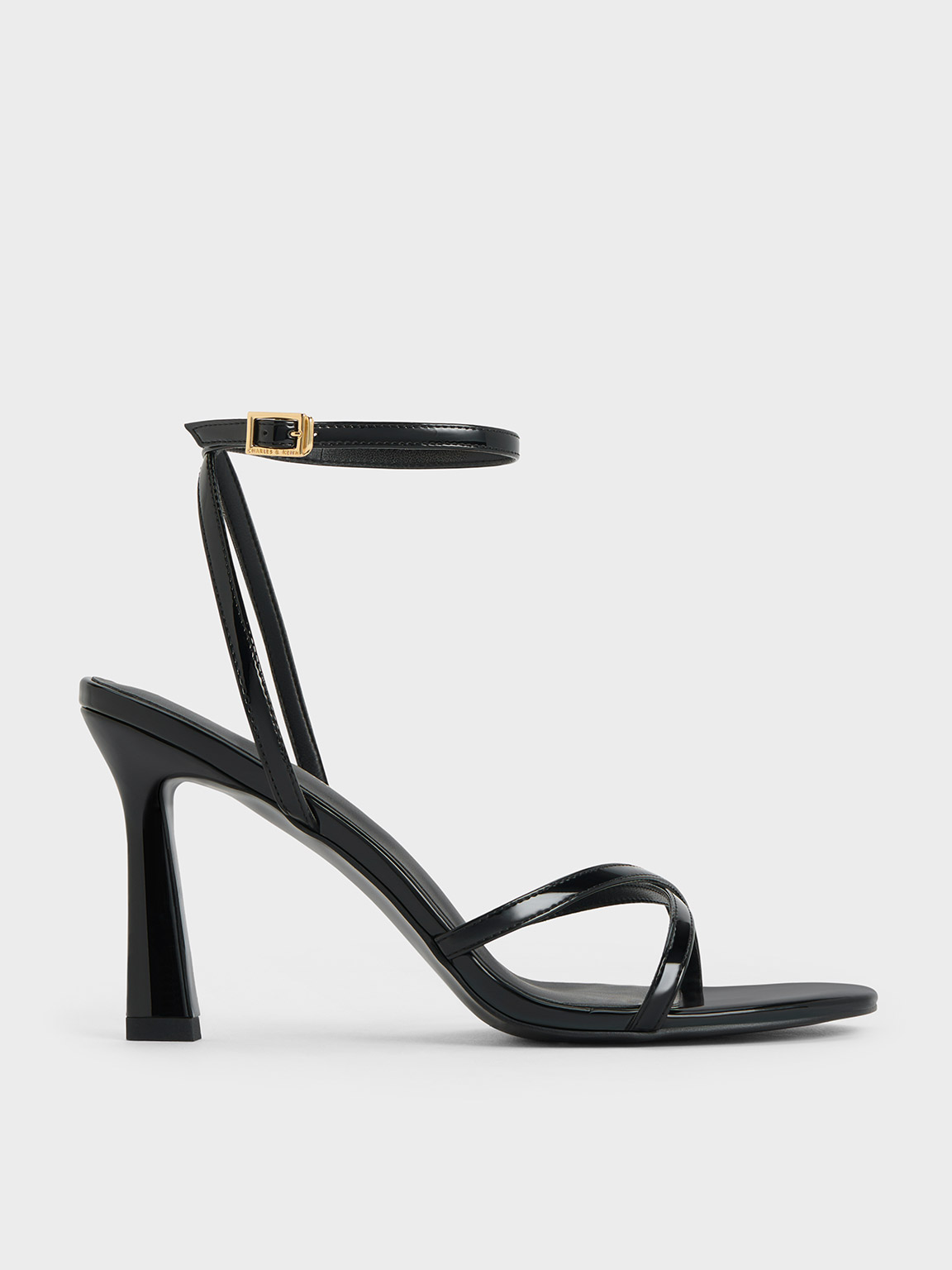 Black Patent Crossover Strap Heeled Sandals CHARLES KEITH