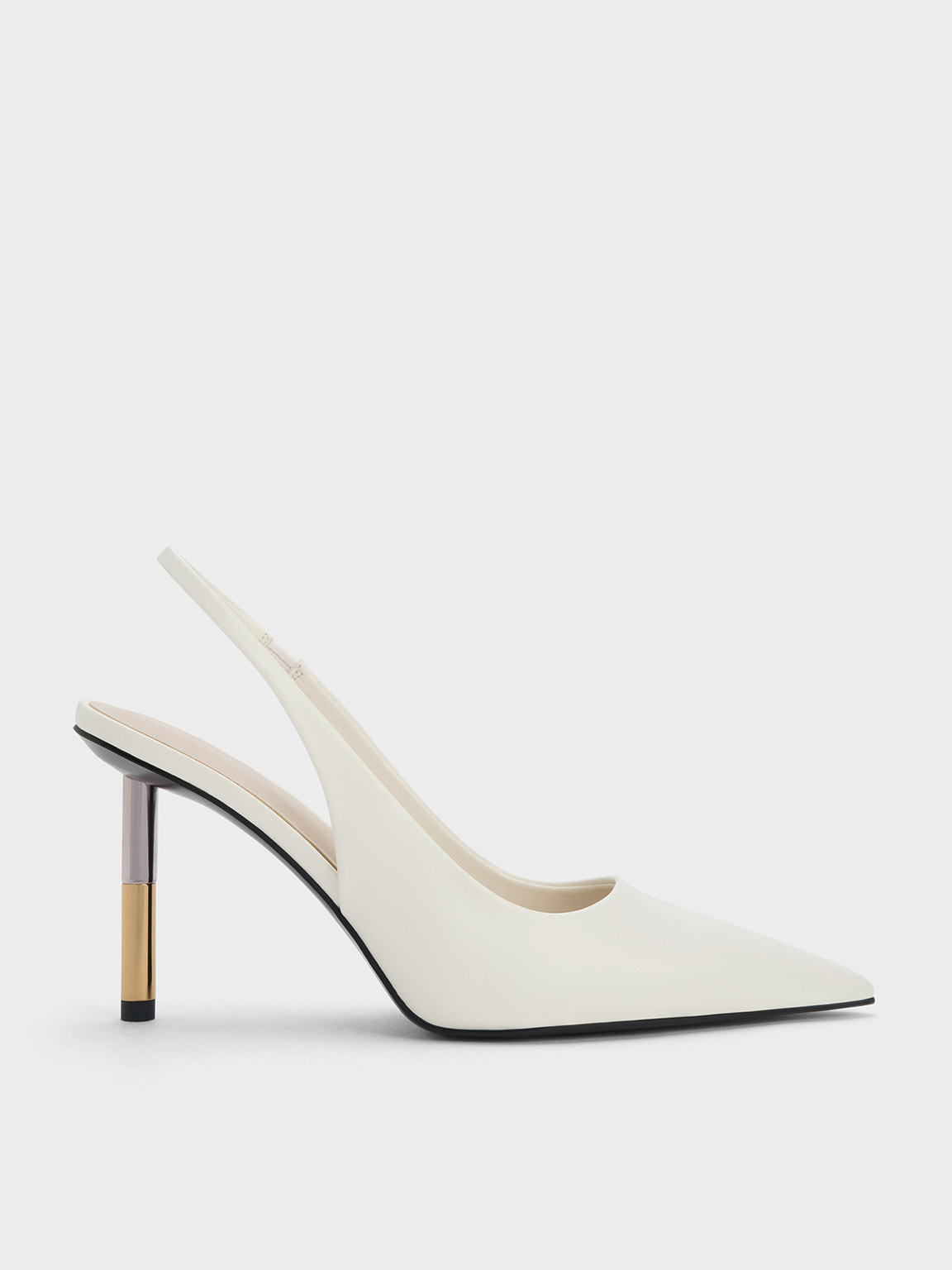 White Cylindrical Metallic Heel Slingback Pumps - CHARLES & KEITH IN