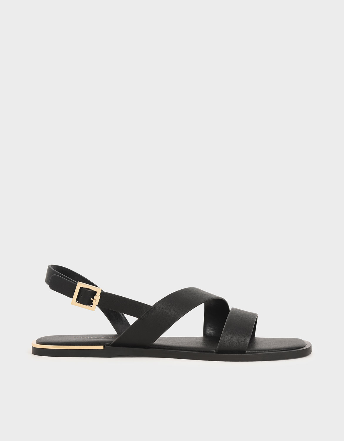 Black Asymmetric Strap Slingback Flats - CHARLES & KEITH IN