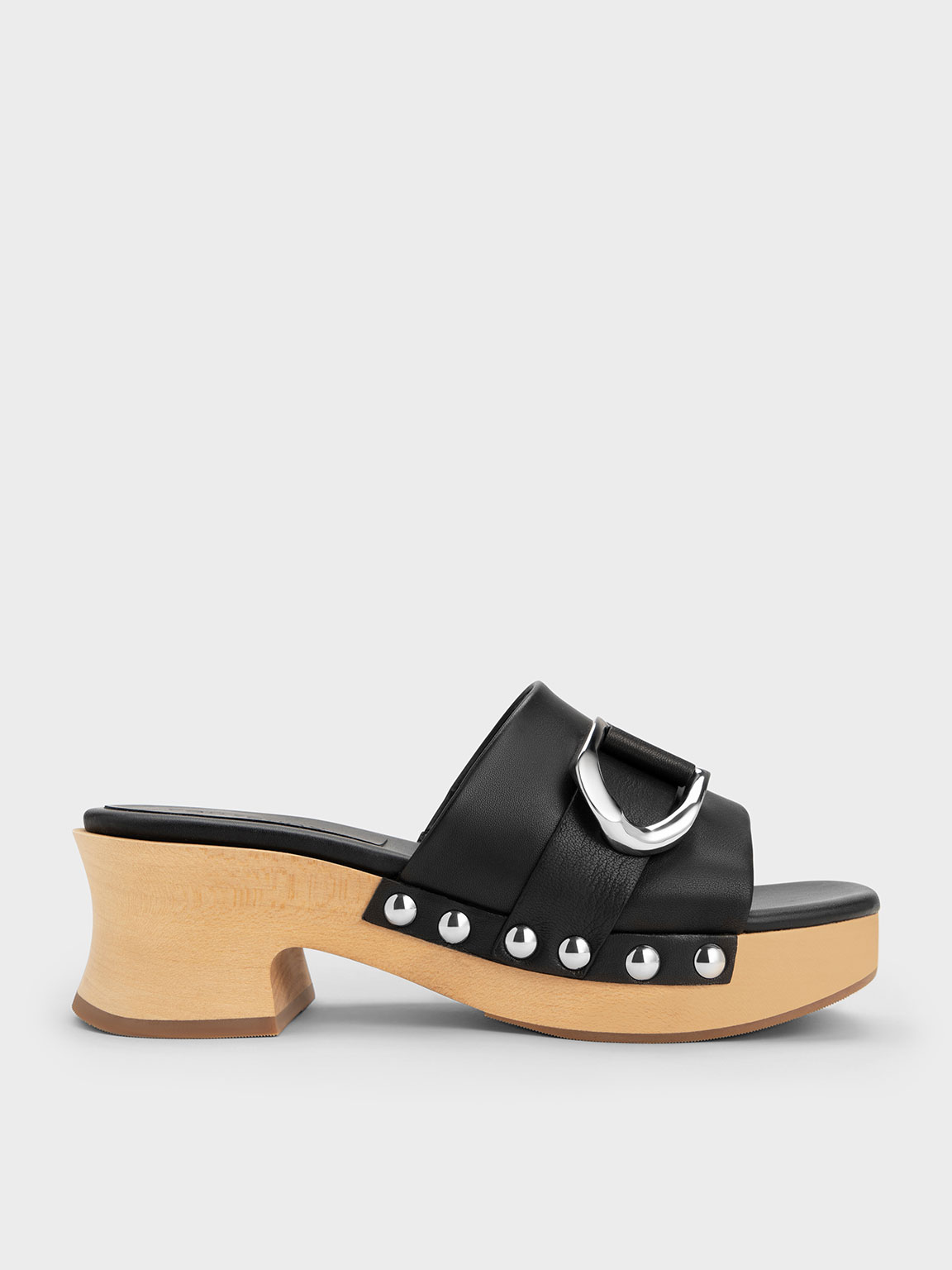 Black Gabine Studded Leather Clogs | CHARLES & KEITH